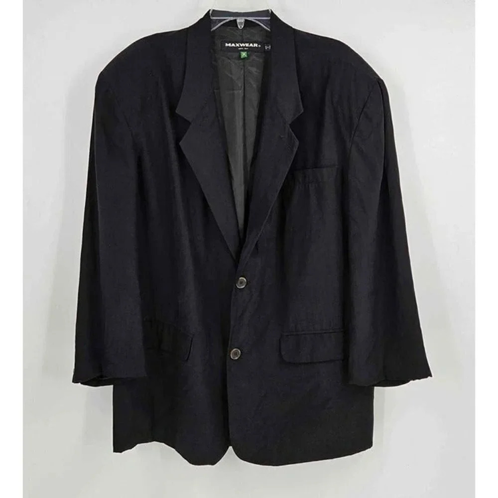 Maxwear Mens Black Silk Jacket 2 Button Front Padded Shoulders Sz XL